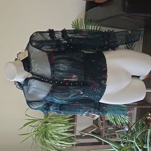 Free People, Brand New, Medium, Floral Green, Ruffle Sleeves and Collar